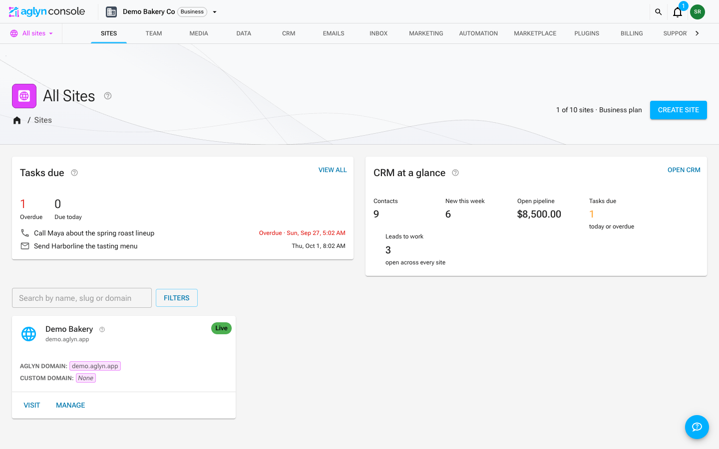 The All Sites page: the site allowance beside Create site, the Tasks due and CRM at a glance cards, and the search box and Filters button above the site cards, each with its status pill, Aglyn domain, custom domain, and Visit and Manage actions