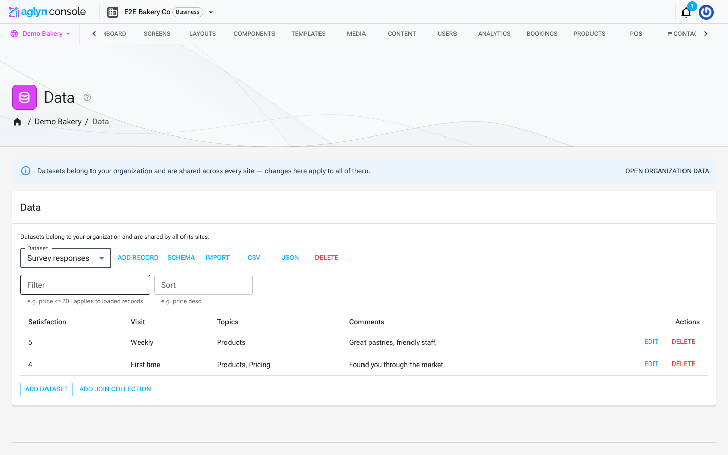 The organization Data page with the Survey responses dataset selected, showing the records table and the Add record, Schema, Import, CSV, and JSON toolbar buttons