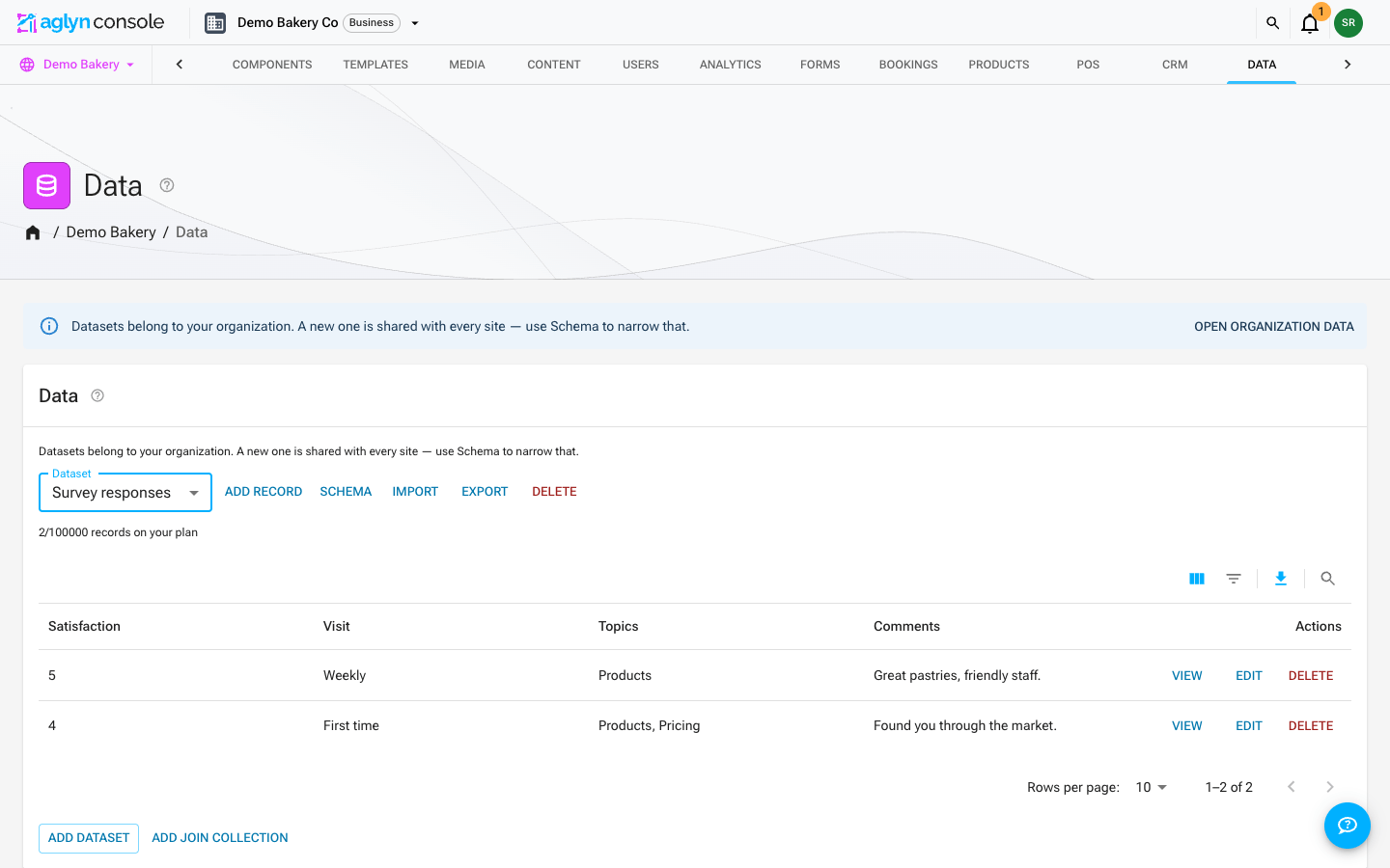 A site's Data page with the Survey responses dataset selected: the Add record, Schema, Import, Export and Delete buttons above the records table and its Columns, Filters, Export and Search controls