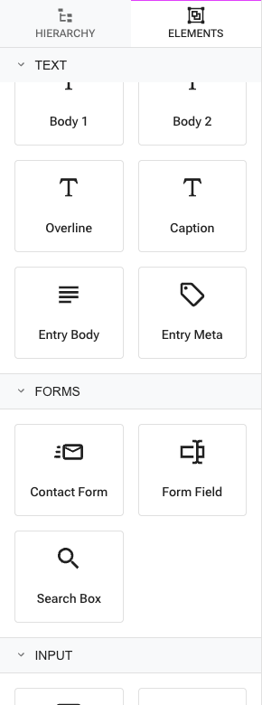 The Choose element picker open on the Forms group, showing the Form and Form Field elements and the Contact Form preset