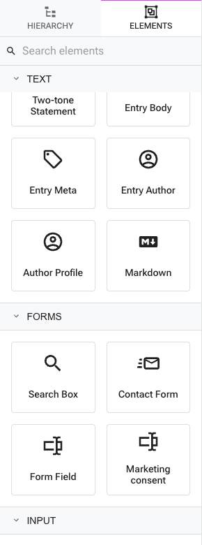 The Choose element picker open on the Forms group, showing the Form and Form Field elements and the Contact Form preset