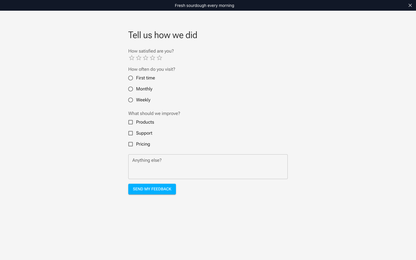 The published survey on the live site: star rating, radio choices, checkboxes, and a comments box above the submit button