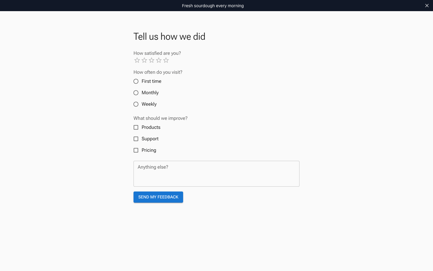 The published survey on the live site: star rating, radio choices, checkboxes, and a comments box above the submit button