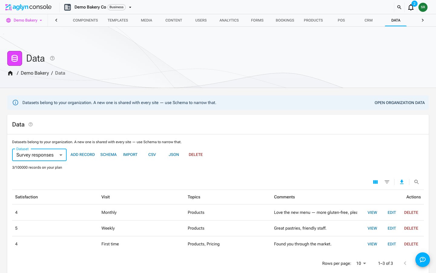 The Data page after a submission: the new survey response in the records table, under the table's Columns, Filters, Export and Search controls