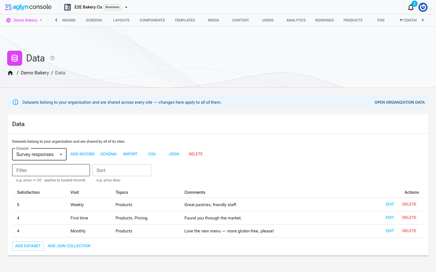 The Data page after submissions: survey records in the table with filter and sort inputs and export buttons