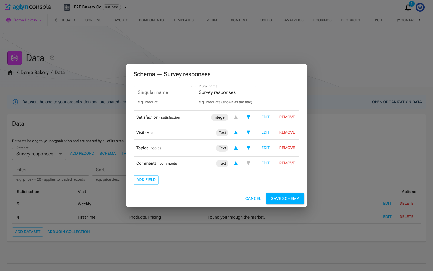 The Schema dialog for the Survey responses dataset with field rows, type chips, and the Add field button
