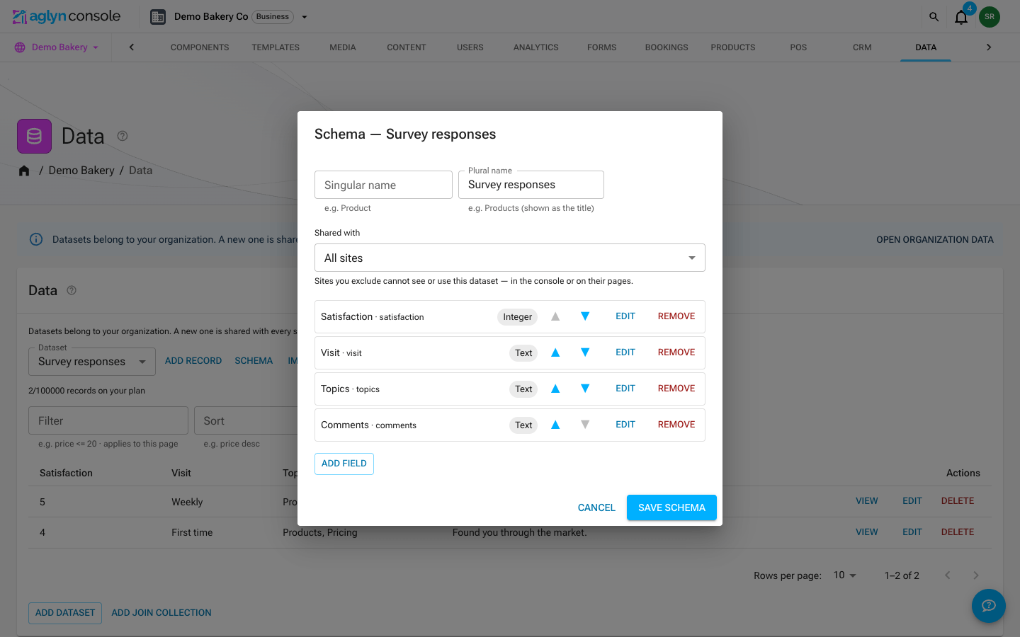 The Schema dialog for the Survey responses dataset with field rows, type chips, and the Add field button
