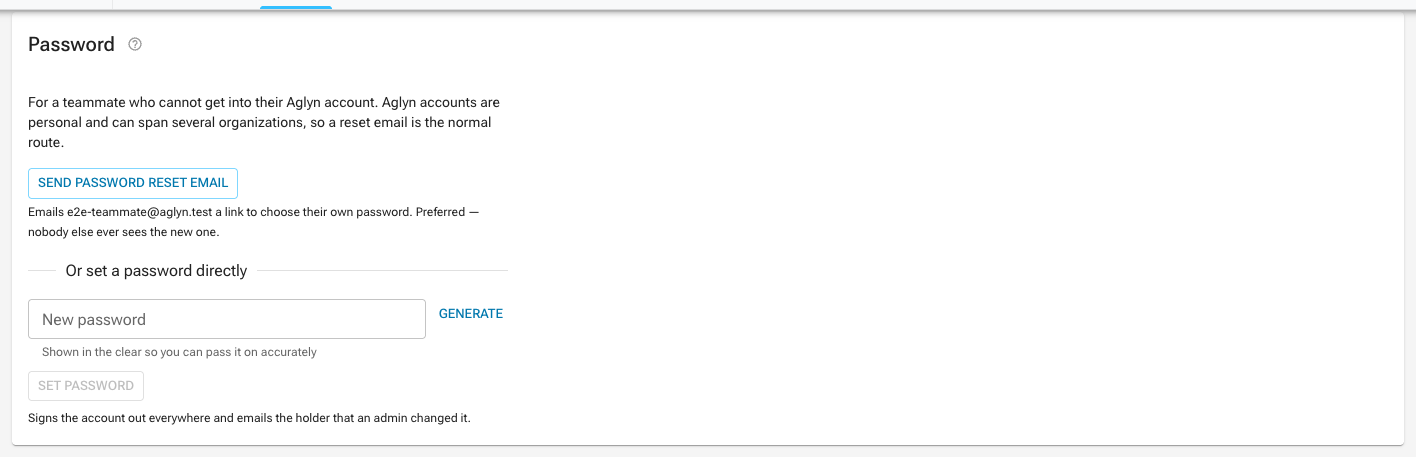 The Password card on a team member's page, with the reset-email button above a
divider reading "Or set a password directly" and a new-password field with a Generate
button