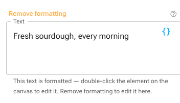 The Attributes panel showing a read-only Text field explaining that the text is formatted, with a Remove formatting button above it