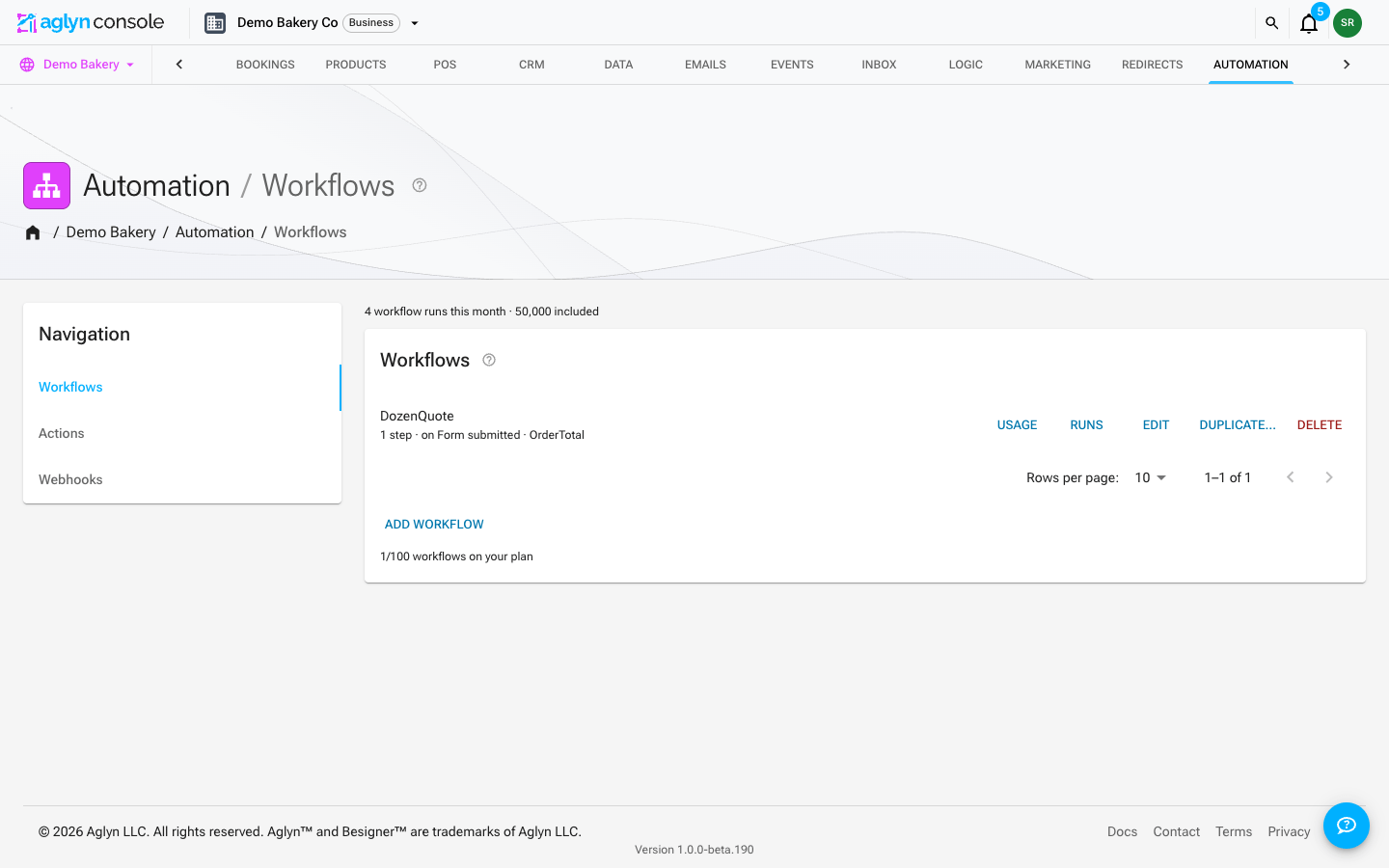 The Automation page in the Aglyn console, with its Workflows, Actions, and Webhooks tabs