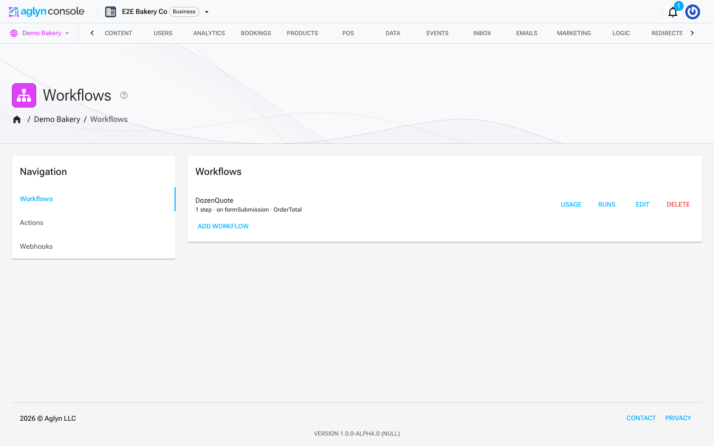 The Workflows page in the Aglyn console, with Workflows, Actions, and Webhooks cards
